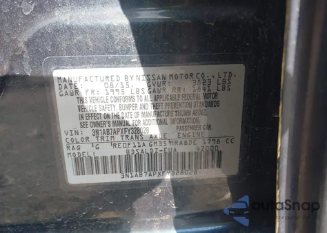 2015 Nissan Sentra Sv из США, поврежденный, VIN 3N1AB7APXFY328028